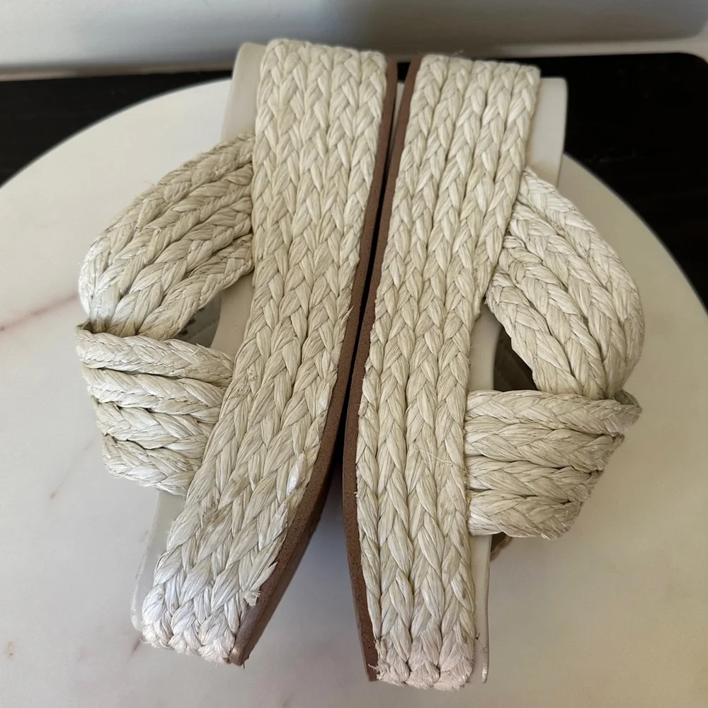 J/Slides QUIVER Bone Raffia Platform Sandals Woven Braided size 7.5